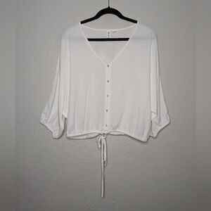 Others Follow White Button Front V Neck Cropped Hem Boho Drawstring Blouse L